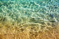 Golden sand under clear blue sea water and sunlight glow reflection close up top view, yellow sandy texture below ocean water Royalty Free Stock Photo