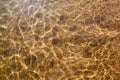 Golden sand under clear sea water and sunlight glow reflection close up top view, yellow sandy texture below ocean water Royalty Free Stock Photo