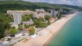 GOLDEN SANDS BEACH, VARNA, BULGARIA - MAY 15, 2017. Aerial view of the beach and hotels in Golden Sands, Zlatni Piasaci. Popular s Royalty Free Stock Photo