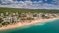 GOLDEN SANDS BEACH, VARNA, BULGARIA - MAY 19, 2017. Aerial view of the beach and hotels in Golden Sands, Zlatni Piasaci. Popular s Royalty Free Stock Photo