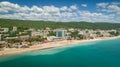 GOLDEN SANDS BEACH, VARNA, BULGARIA - MAY 19, 2017. Aerial view of the beach and hotels in Golden Sands, Zlatni Piasaci. Popular s Royalty Free Stock Photo