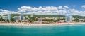 GOLDEN SANDS BEACH, VARNA, BULGARIA - MAY 19, 2017. Aerial view of the beach and hotels in Golden Sands, Zlatni Piasaci. Popular Royalty Free Stock Photo