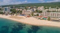 GOLDEN SANDS BEACH, VARNA, BULGARIA - MAY 15, 2017. Aerial view of the beach and hotels in Golden Sands, Zlatni Piasaci. Popular Royalty Free Stock Photo