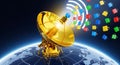 Golden Satellite Dish Transmitting Colorful Data Packets Around the Globe Royalty Free Stock Photo