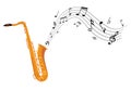 Golden saxophone with music notes. Wind classical jazz musical instrument.