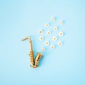 A golden saxophone from which Shasta daisy flowers hatch. Minimal concept on a light blue background Royalty Free Stock Photo