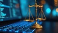 Golden scales of justice rest on a glowing blue computer keyboard with abstract digital code in background. Concept for digital Royalty Free Stock Photo