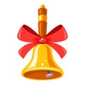 a golden school bell with a red bow rings.