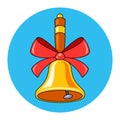 a golden school bell with a red bow rings.