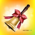 Golden school metal bell with red bow and wooden handle on colorful background