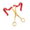 Golden scissors cut the red ribbon. The Symbol of the Grand Opening Event. Vector Object. Design Element. Royalty Free Stock Photo