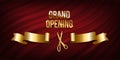 Golden scissors cut ribbon realistic illustration. Grand opening ceremony symbols, 3d accessories on red curtain