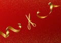 Golden scissors cut ribbon realistic illustration. Grand opening ceremony symbols, 3d accessories on red glittering