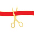 Golden scissors cutting red ribbon isolated on white background. Vector illustration. Royalty Free Stock Photo