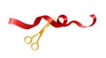 Golden scissors cutting red ribbon vector icon