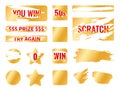 Golden scratch card. Lottery tickets protective layers, different shapes surfaces for erasing, gambling card, instant