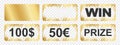 Golden scratch card surfaces with new and scraped textures with Win, Prize and money winning text. Set of of winner Royalty Free Stock Photo