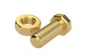 Golden Screw and metal nut, 3D rendering. 3D illustration