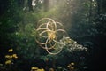 a golden sculpture in the middle of a forest