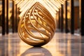 a golden sculpture is sitting in the middle of a building