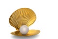 Golden sea shell with pearl isolated on white background. 3D ill Royalty Free Stock Photo