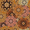 Golden seamless design in oriental style. Stellar mandalas background for card, front-side, cover or wrapping paper. Indian