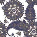 Golden seamless Oriental ornament paisley. Vintage flowers seamless ornament in gold and blue colors. Decorative