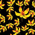 Golden Seamless Palm. Black Pattern Hibiscus. Yellow Tropical Design. Beige Flower Background. Floral Design. Wallpaper Nature.