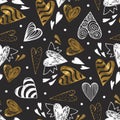 Golden seamless pattern with the image of tribal hearts