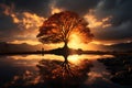 Golden sentinel Sun kissed tree silhouette stands amidst radiant sunbeam backdrop