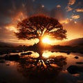 Golden sentinel Sun kissed tree silhouette stands amidst radiant sunbeam backdrop