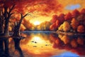 Golden serenity. evening lake painting Royalty Free Stock Photo