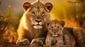 Golden serenity. majestic lion family resting in the beautiful african savannah as the sun sets