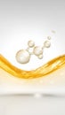 Golden serum molecules in motion, fluid wave and suspended bubbles forming elegant cosmetic composition, glossy textures Royalty Free Stock Photo