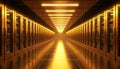 Golden server room hallway with rows of metallic computer racks and bright overhead lights. Futuristic data center interior with Royalty Free Stock Photo