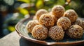 Golden sesame balls, crunchy exterior, glistening with sesame seeds, revealing soft, chewy centers