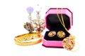 Golden set and perfumes Royalty Free Stock Photo