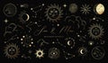 Golden set of sun, moon, stars, clouds, constellations and esoteric symbols. Alchemy mystical magic elements for prints Royalty Free Stock Photo