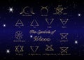 Golden Set of Witches runes, wiccan divination symbols. Ancient occult symbols, isolated on black. Vector illustration. Royalty Free Stock Photo