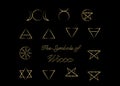 Golden Set of Witches runes, wiccan divination symbols. Ancient occult symbols, isolated on black. Vector illustration. Royalty Free Stock Photo