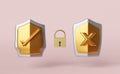 Golden shield check and shield insecure with gold lock isolated on pink background.Internet security or privacy protection or