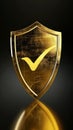 Golden shield with check mark on a dark background