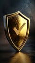 Golden shield with check mark on a textured background