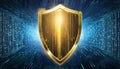 Golden shield enclosing binary code stream glowing in a high-tech interface with matrix style Royalty Free Stock Photo