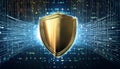 Golden shield enclosing glowing binary code stream in a high-tech matrix style interface design Royalty Free Stock Photo
