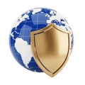 Golden shield protecting the earth globe security concept isolated on white background Royalty Free Stock Photo
