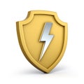 Golden shield with silver thunderbolt on white background. Golden shield with lightning right view. Royalty Free Stock Photo