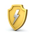 Golden shield with silver thunderbolt on white background. Golden shield with lightning right view. Royalty Free Stock Photo