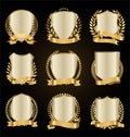 Golden shields laurel wreath with golden ribbon collection Royalty Free Stock Photo