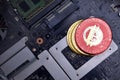 Golden bitcoins with flag of tunisia on a computer electronic circuit board. bitcoin mining concept Royalty Free Stock Photo